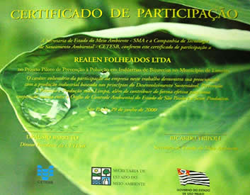 Certificado de Participação<br>(Projeto Produção Mais Limpa)